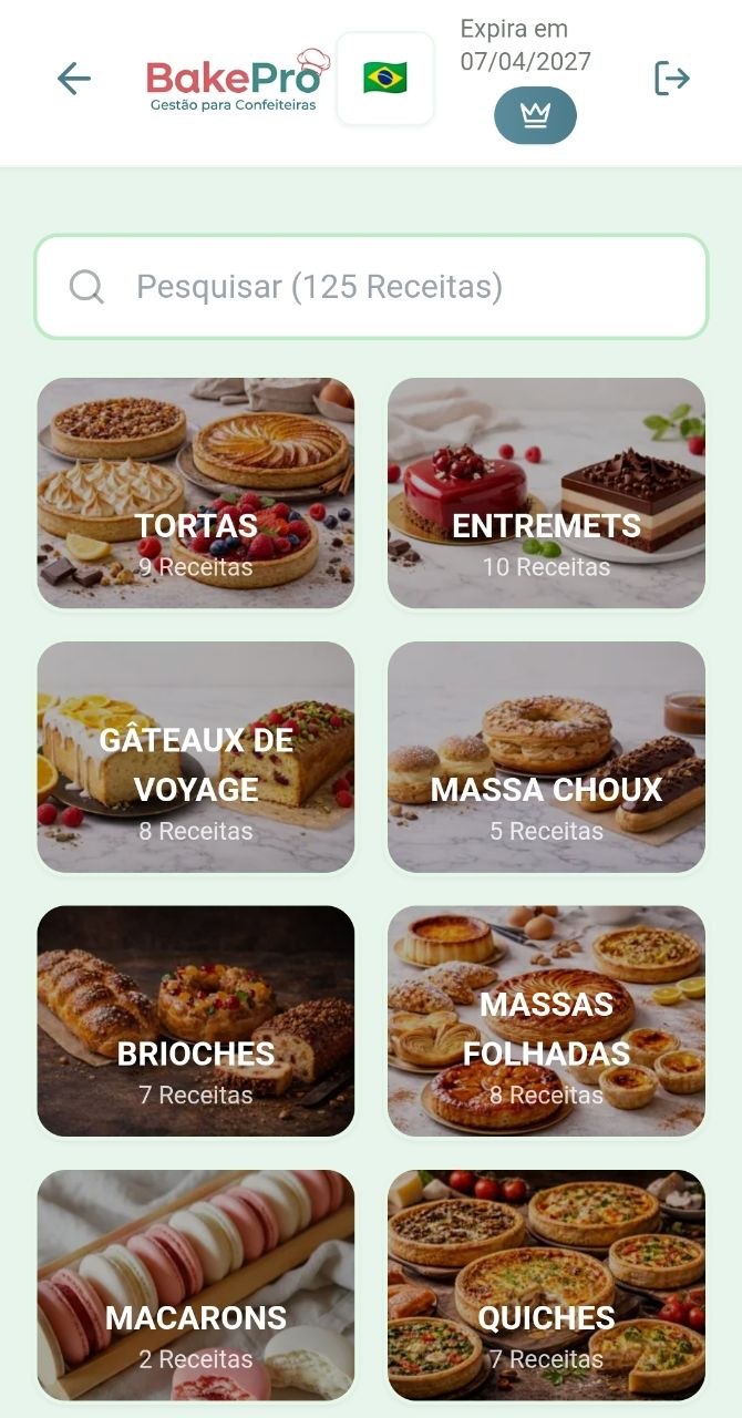 App BakePro mostrando receitas por categoria